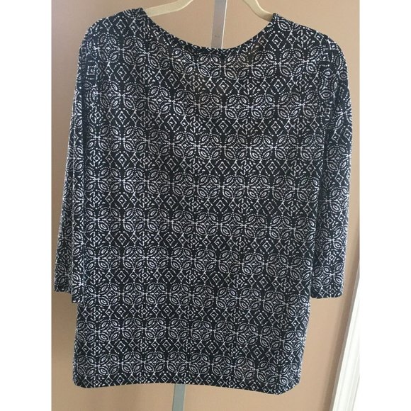 Faded Glory Blouse Top Shirt Soft Black and White 3/4 Sleeves Large 12 14 Casual - Picture 4 of 8